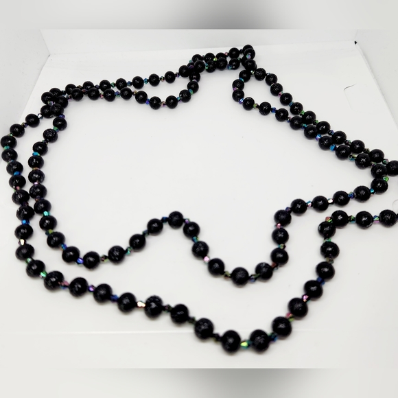 VTG Art Deco Flapper Style Black Aurora Borealis Faceted Beaded Necklace 54" - Picture 5 of 5